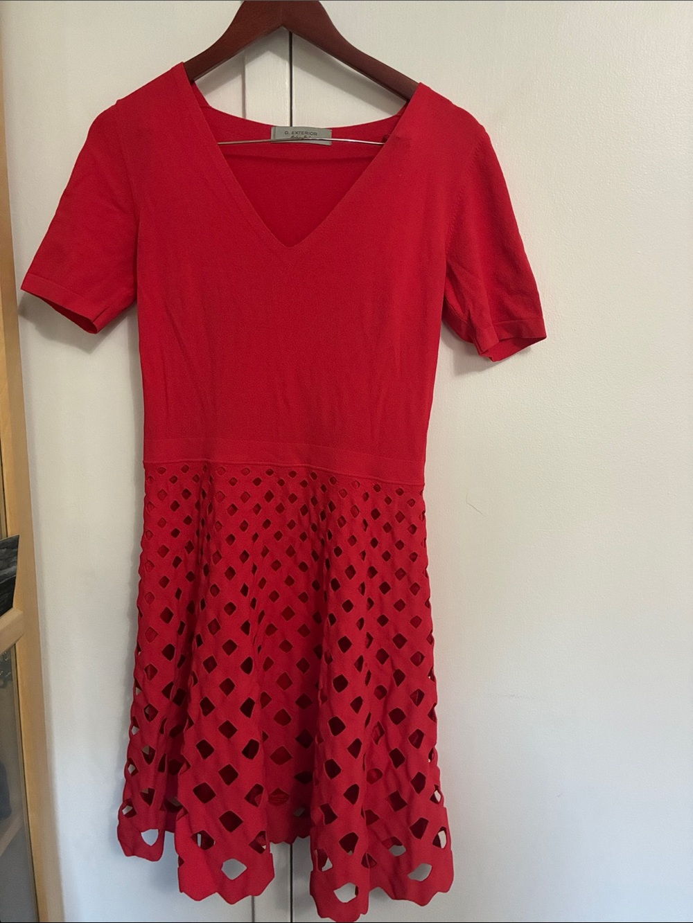 D. Exterior made in Italy Red V-Neck Short Sleeve Dress with laser cut detailing